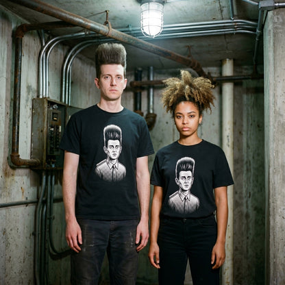 Two models wearing the Eraserhead black graphic tee