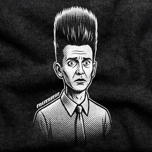 Eraserhead design printed on a black cotton tee, close-up