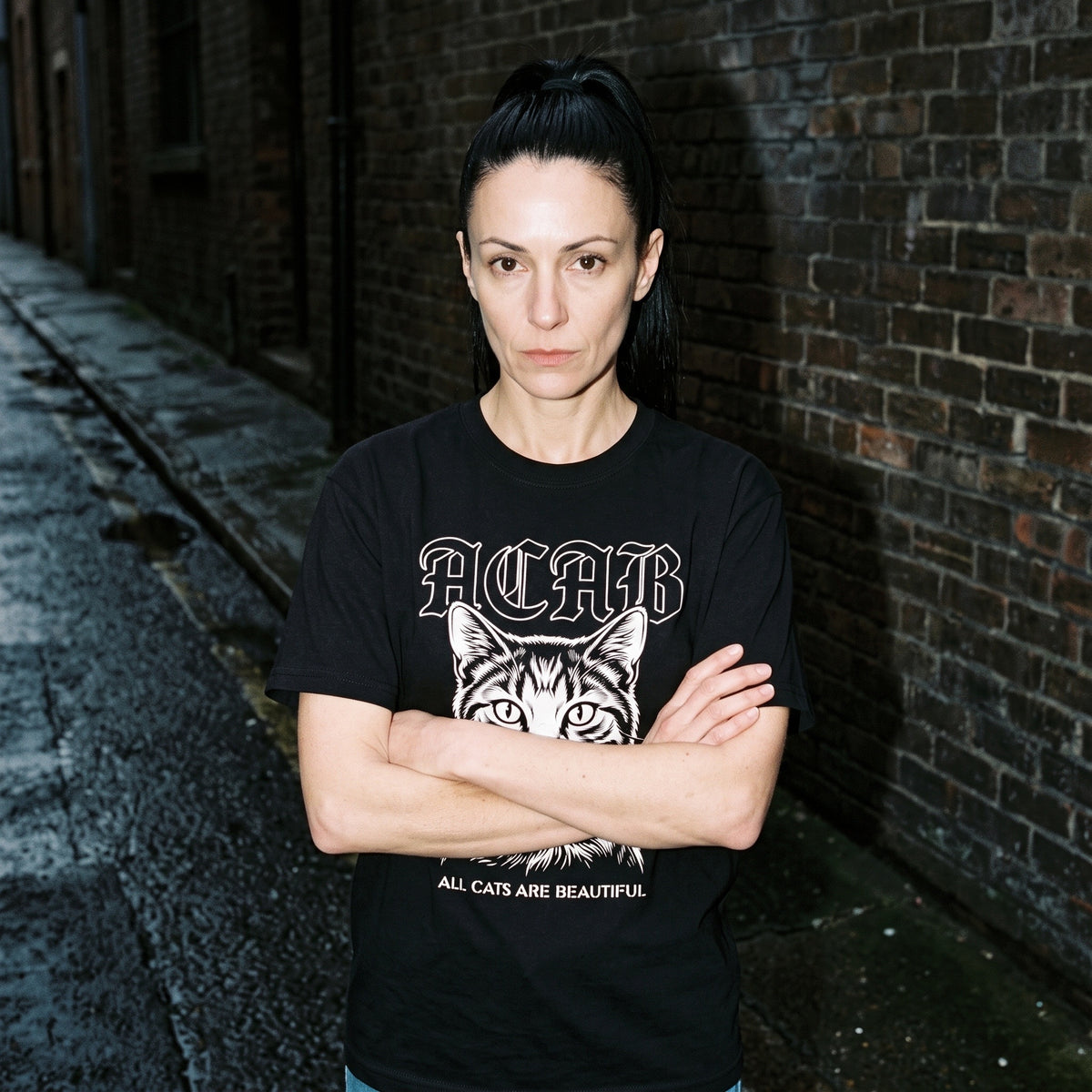 Woman wearing the ACAB black graphic tee