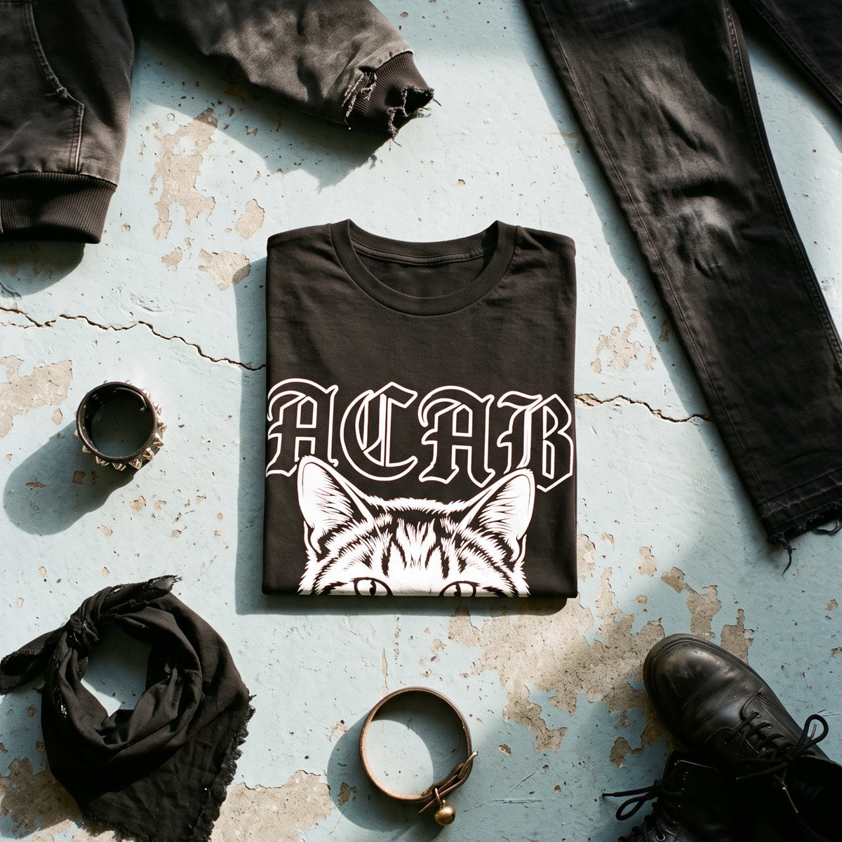 ACAB black graphic tee styled in a flat lay with matching pieces