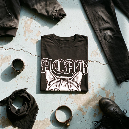 ACAB black graphic tee styled in a flat lay with matching pieces