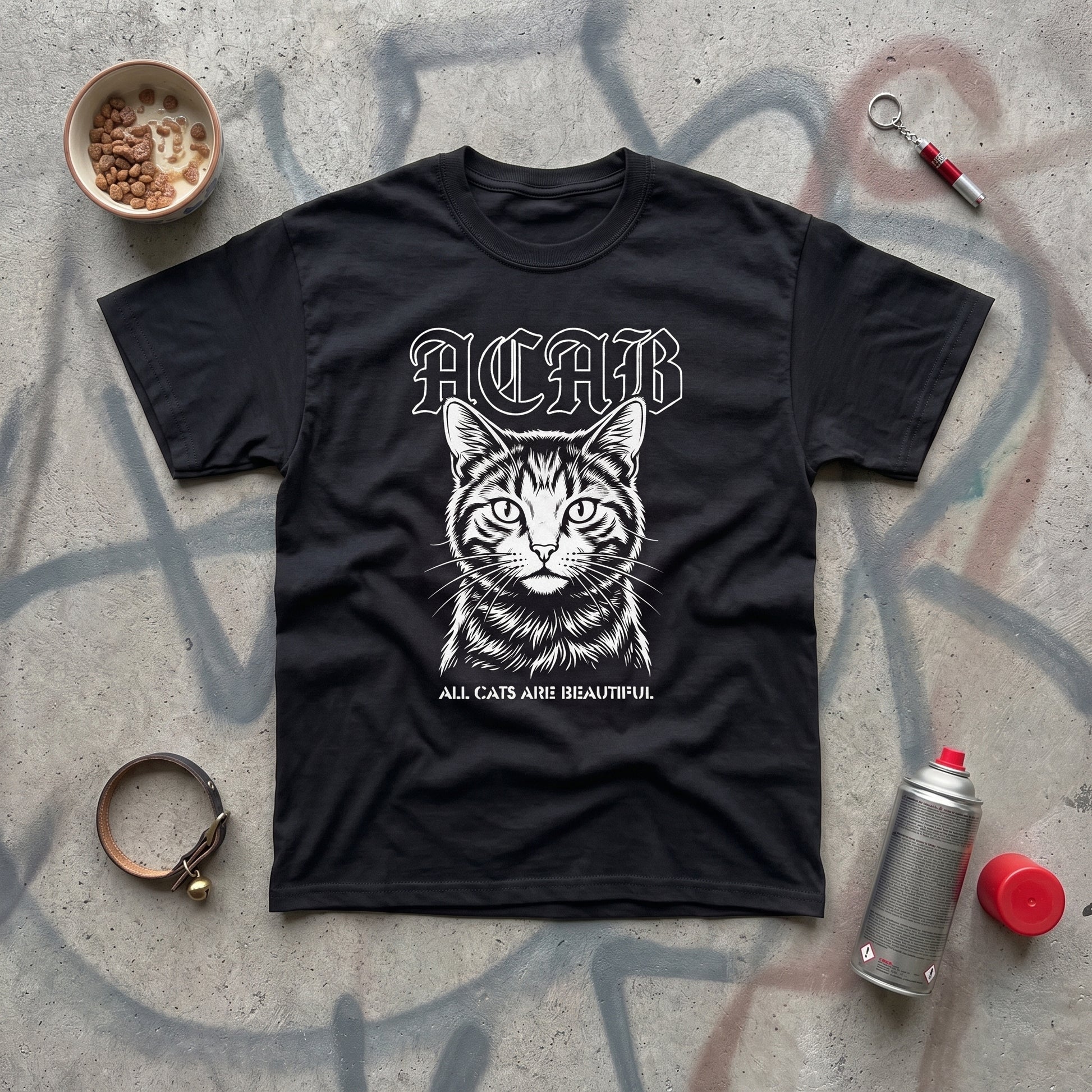 ACAB black graphic tee, styled flat lay