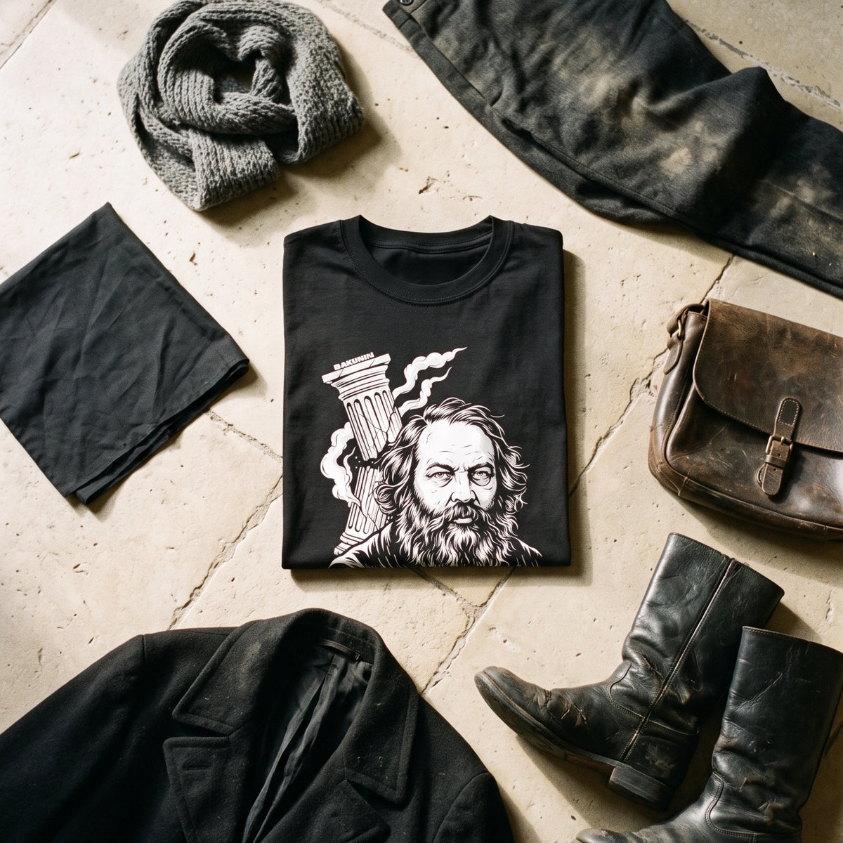 Mikhail Bakunin black graphic tee styled in a flat lay with matching pieces
