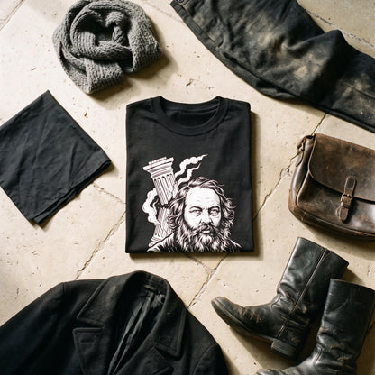 Mikhail Bakunin black graphic tee styled in a flat lay with matching pieces
