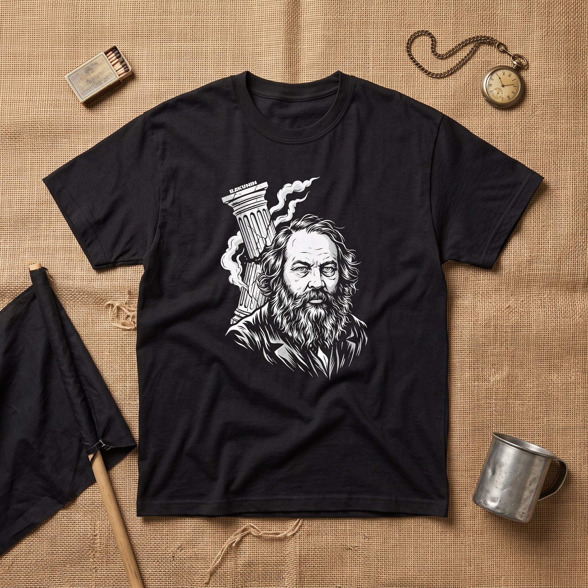 Mikhail Bakunin black graphic tee, styled flat lay
