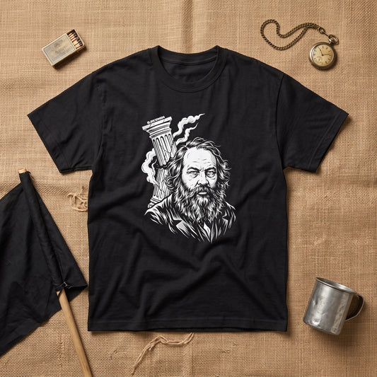 Mikhail Bakunin black graphic tee, styled flat lay
