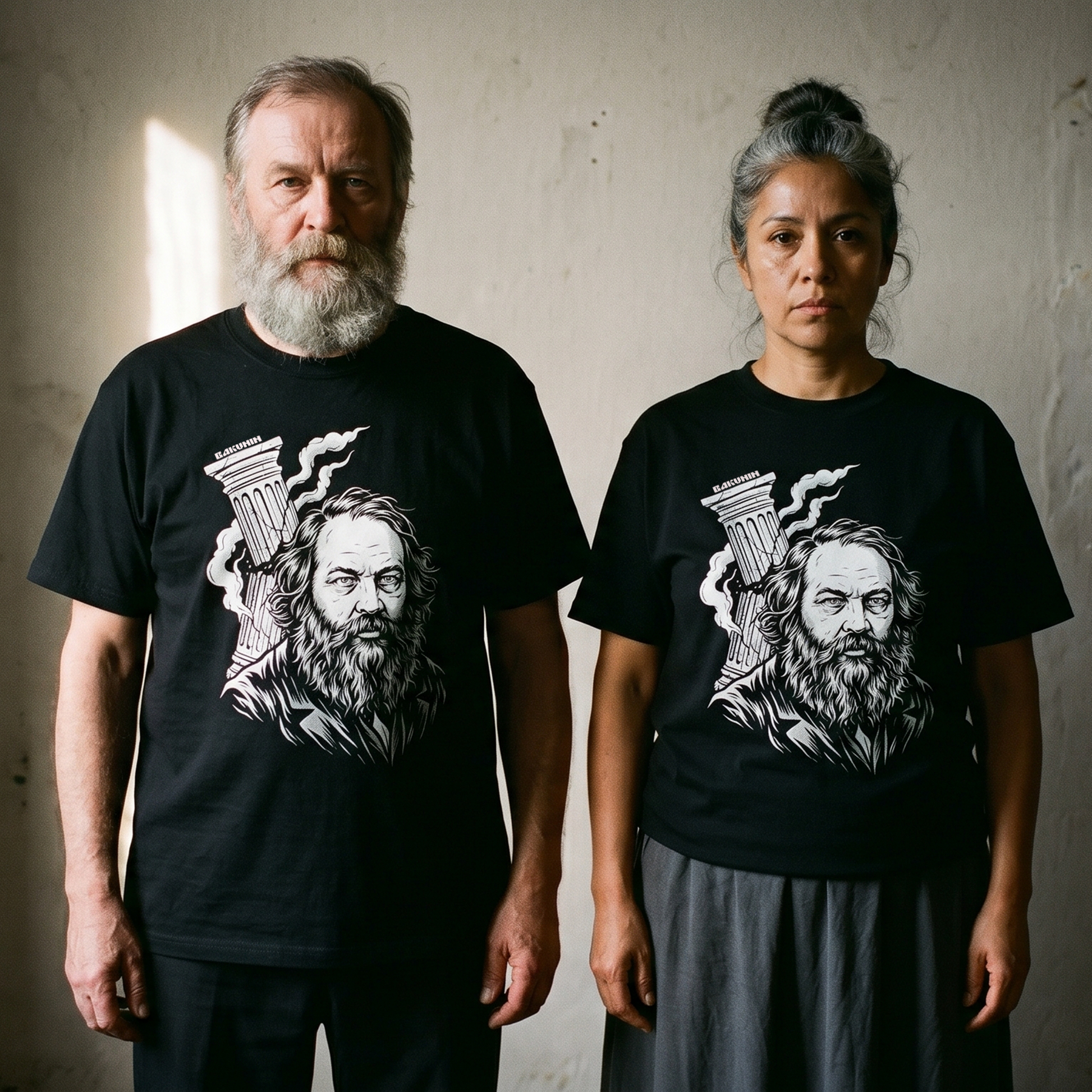Two models wearing the Mikhail Bakunin black graphic tee