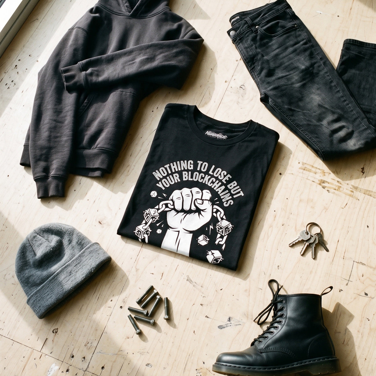 Nothing to Lose But Your Blockchains black graphic tee styled in a flat lay with matching pieces
