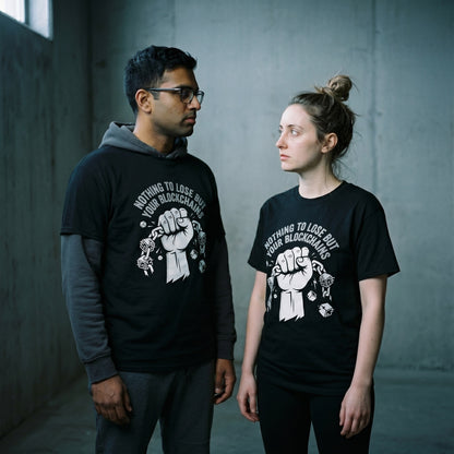 Two models wearing the Nothing to Lose But Your Blockchains black graphic tee