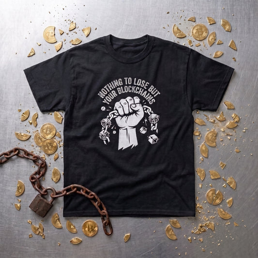 Nothing to Lose But Your Blockchains black graphic tee, styled flat lay