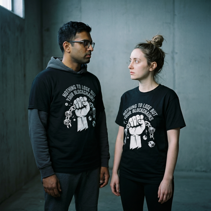 Two models wearing the Nothing to Lose But Your Blockchains black graphic tee