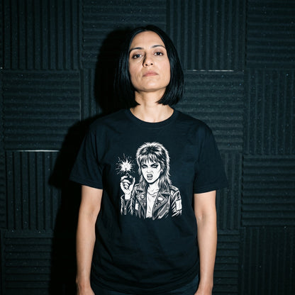 Woman wearing the Cherry Bomb black graphic tee