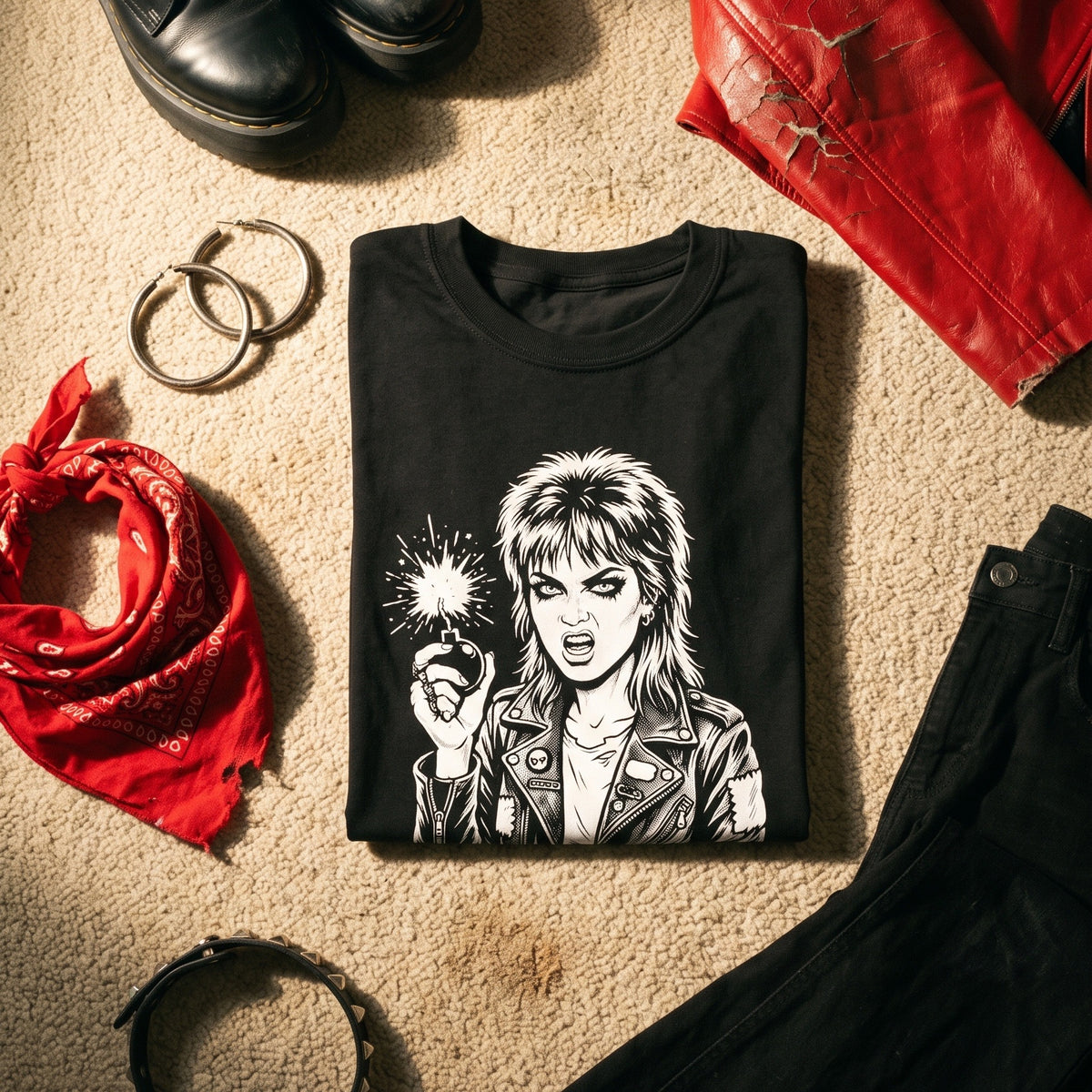 Cherry Bomb black graphic tee styled in a flat lay with matching pieces