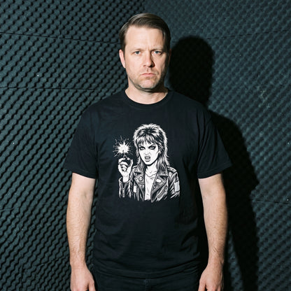Man wearing the Cherry Bomb black graphic tee