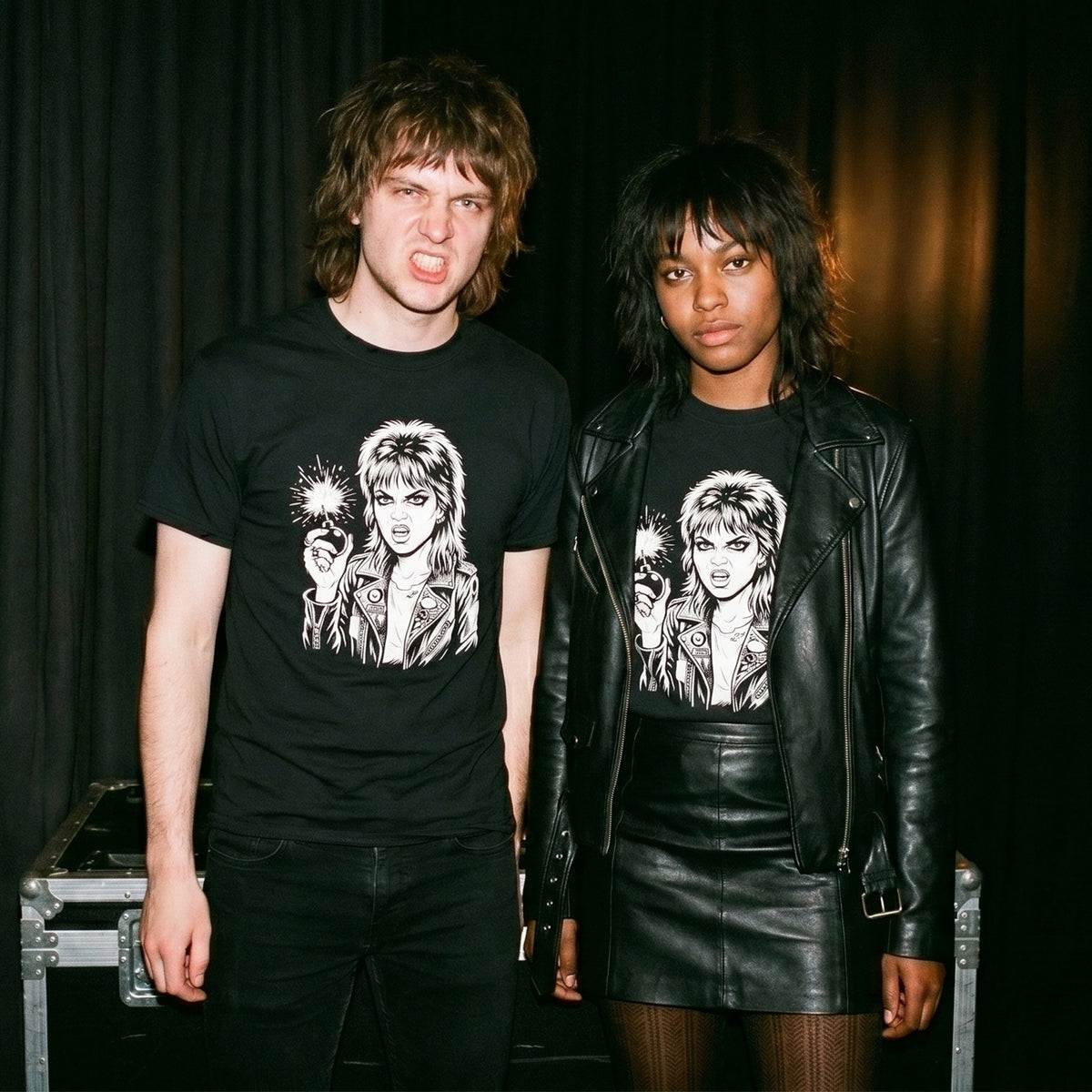 Two models wearing the Cherry Bomb black graphic tee