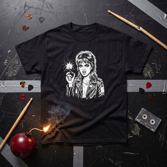 Cherry Bomb black graphic tee, styled flat lay