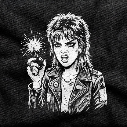 Cherry Bomb design printed on a black cotton tee, close-up
