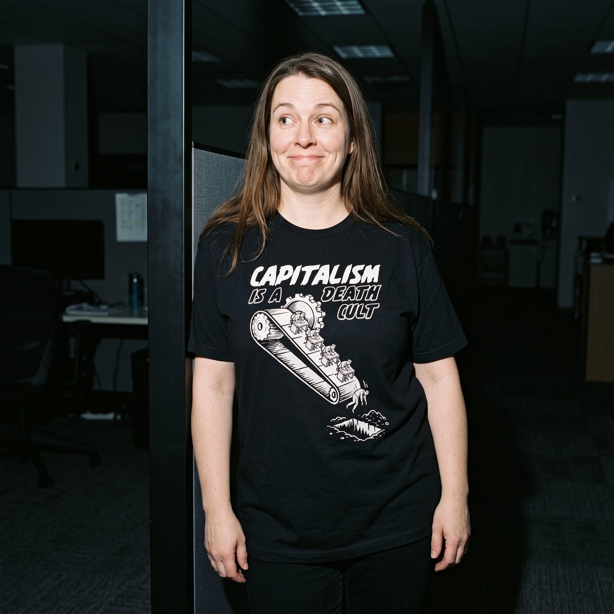 Woman wearing the Death Cult black graphic tee