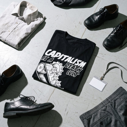 Death Cult black graphic tee styled in a flat lay with matching pieces