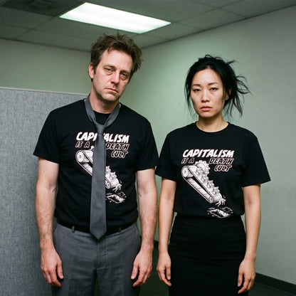 Two models wearing the Death Cult black graphic tee