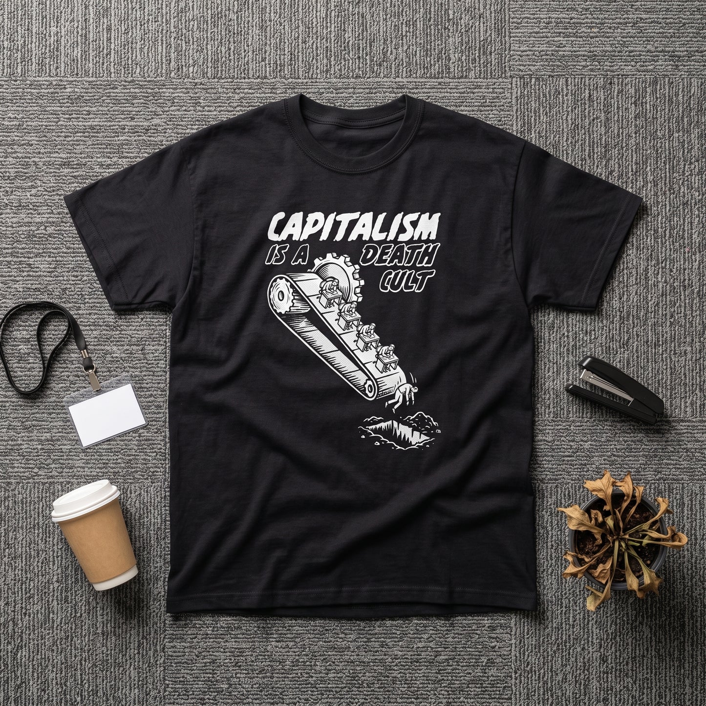 Death Cult black graphic tee, styled flat lay