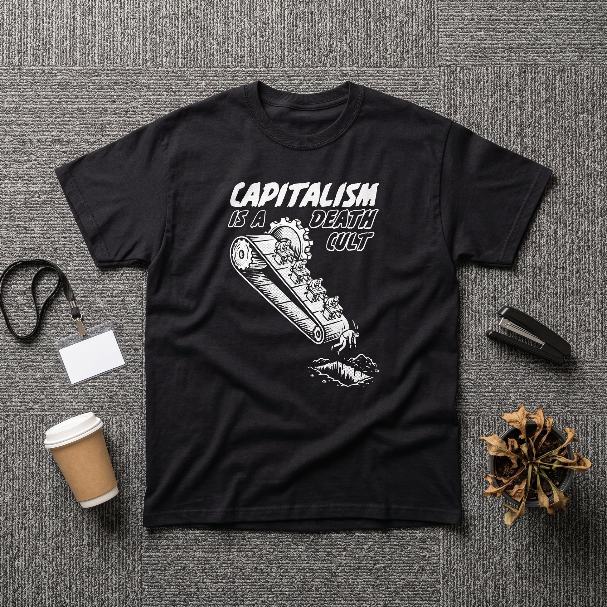 Death Cult black graphic tee, styled flat lay