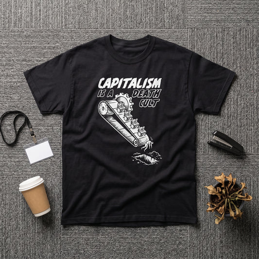 Death Cult black graphic tee, styled flat lay