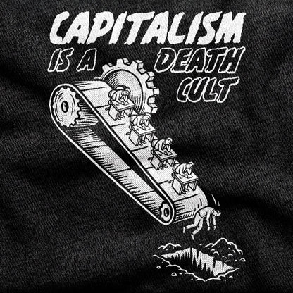 Death Cult design printed on a black cotton tee, close-up