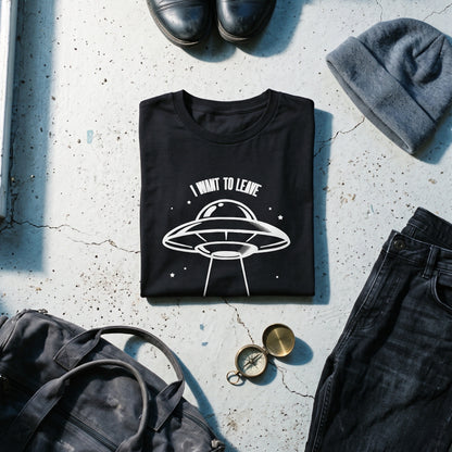 I Want to Leave black graphic tee styled in a flat lay with matching pieces