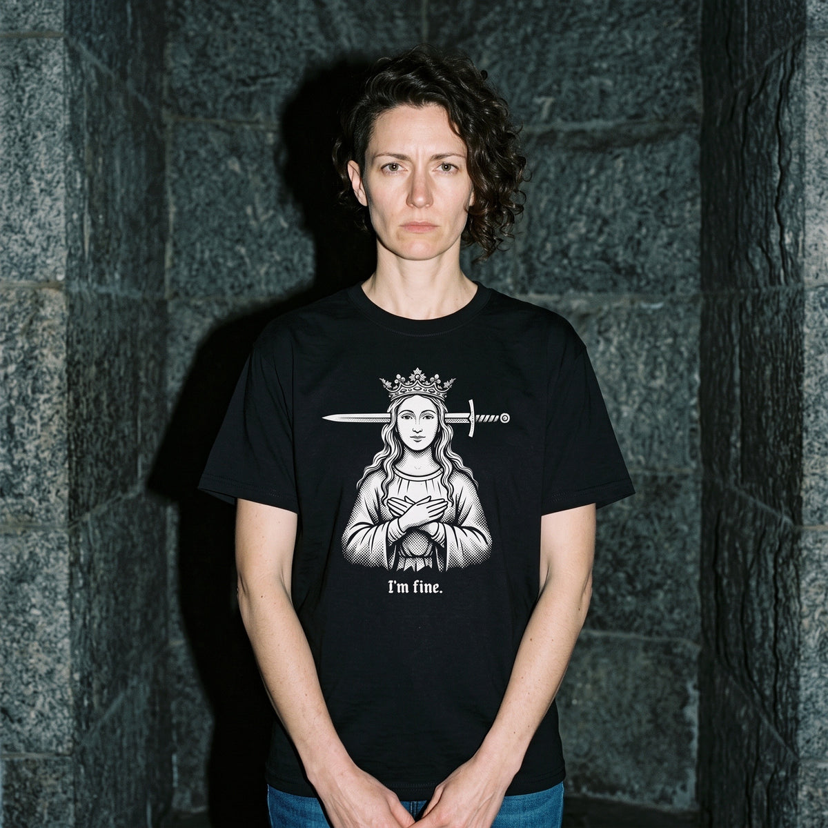 Woman wearing the I'm Fine black graphic tee