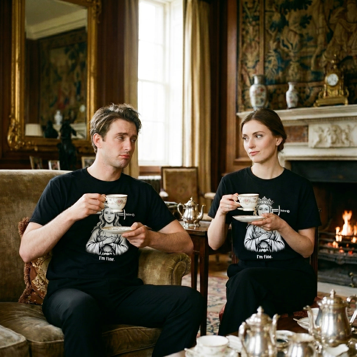 Two models wearing the I'm Fine black graphic tee
