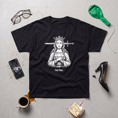 I'm Fine black graphic tee, styled flat lay