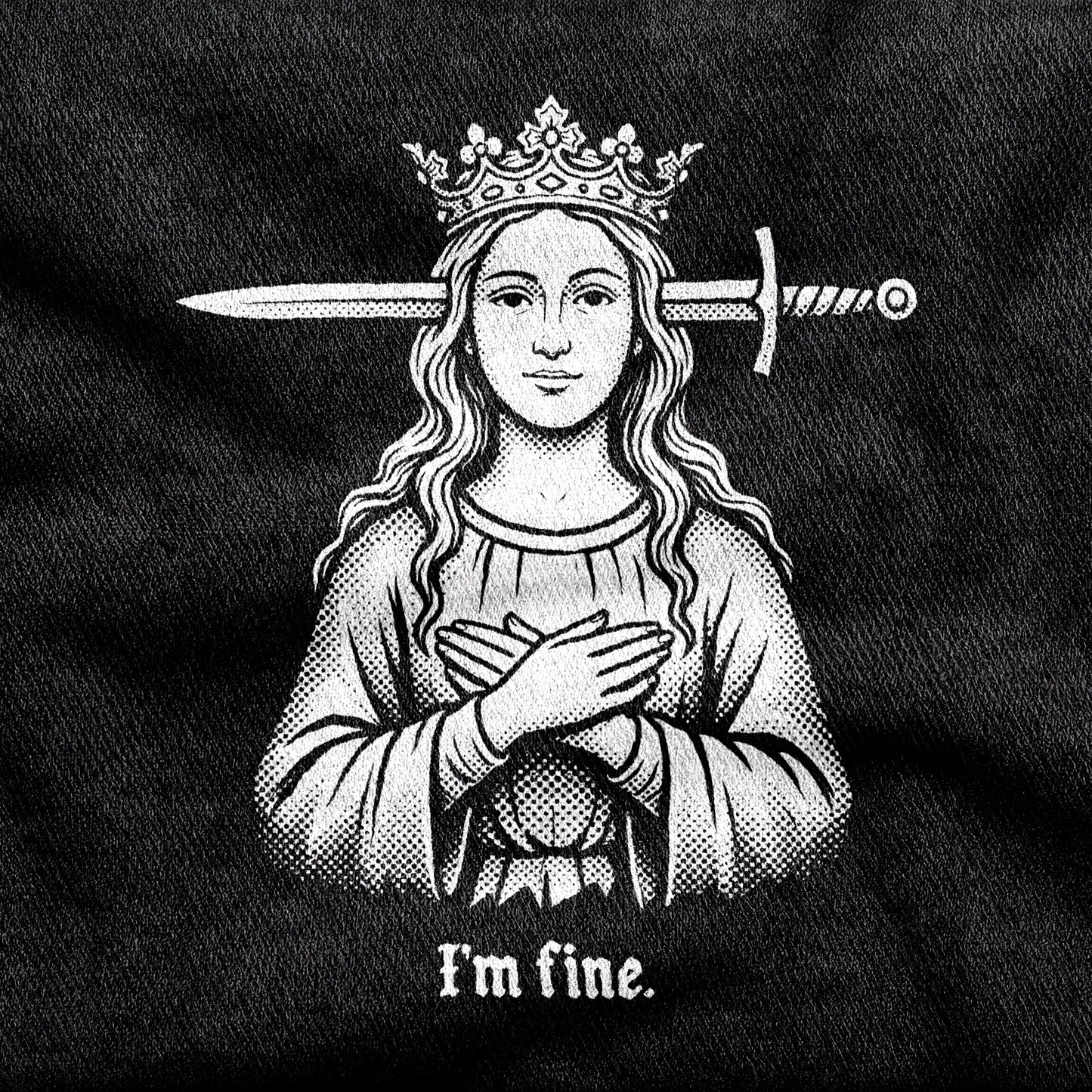 I'm Fine design printed on a black cotton tee, close-up