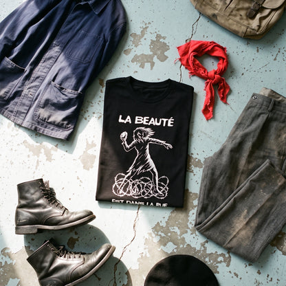 La Beauté est dans la Rue black graphic tee styled in a flat lay with matching pieces