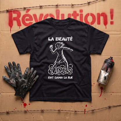 La Beauté est dans la Rue black graphic tee, styled flat lay