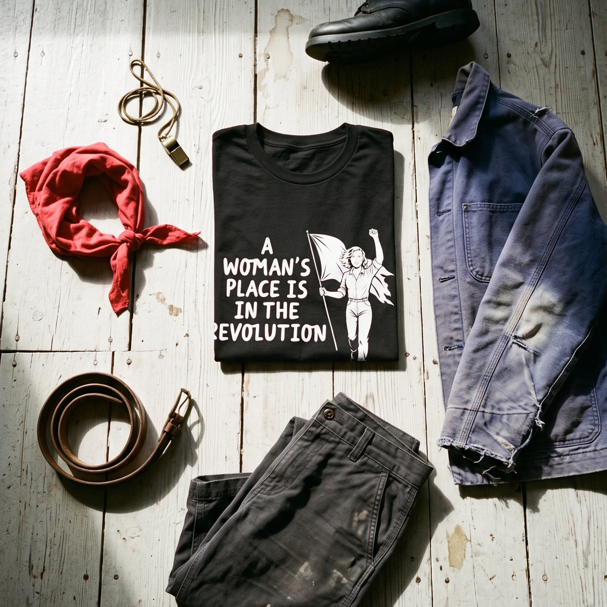 A Woman's Place is in the Revolution black graphic tee styled in a flat lay with matching pieces