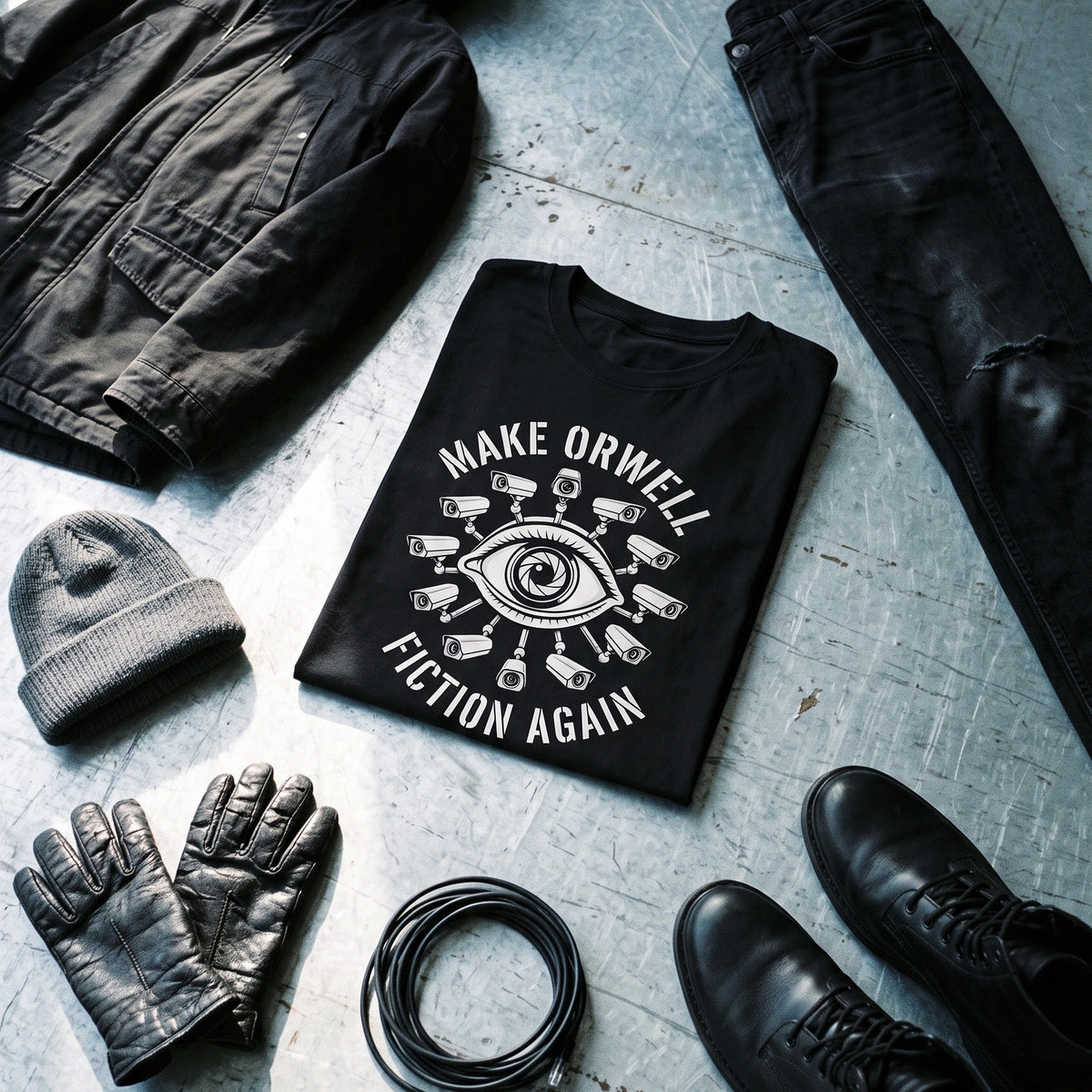 Make Orwell Fiction Again black graphic tee styled in a flat lay with matching pieces