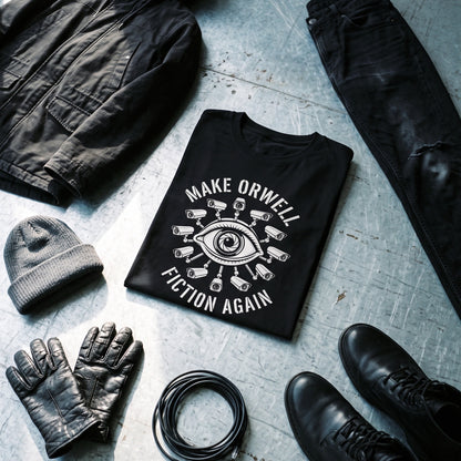 Make Orwell Fiction Again black graphic tee styled in a flat lay with matching pieces