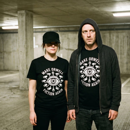 Two models wearing the Make Orwell Fiction Again black graphic tee