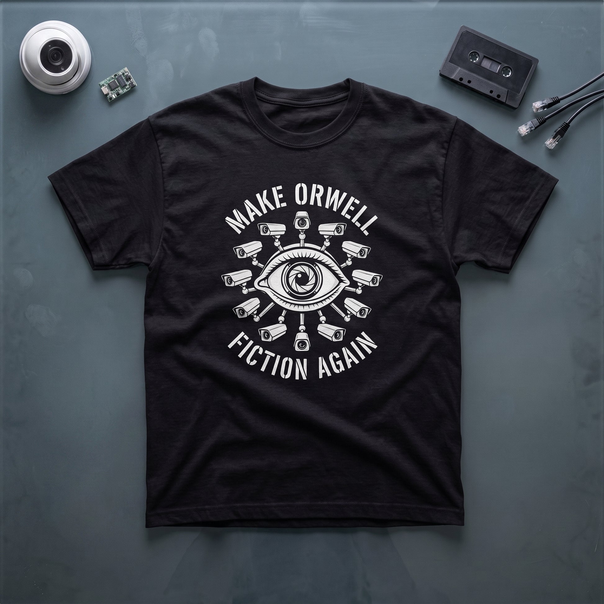 Make Orwell Fiction Again black graphic tee, styled flat lay