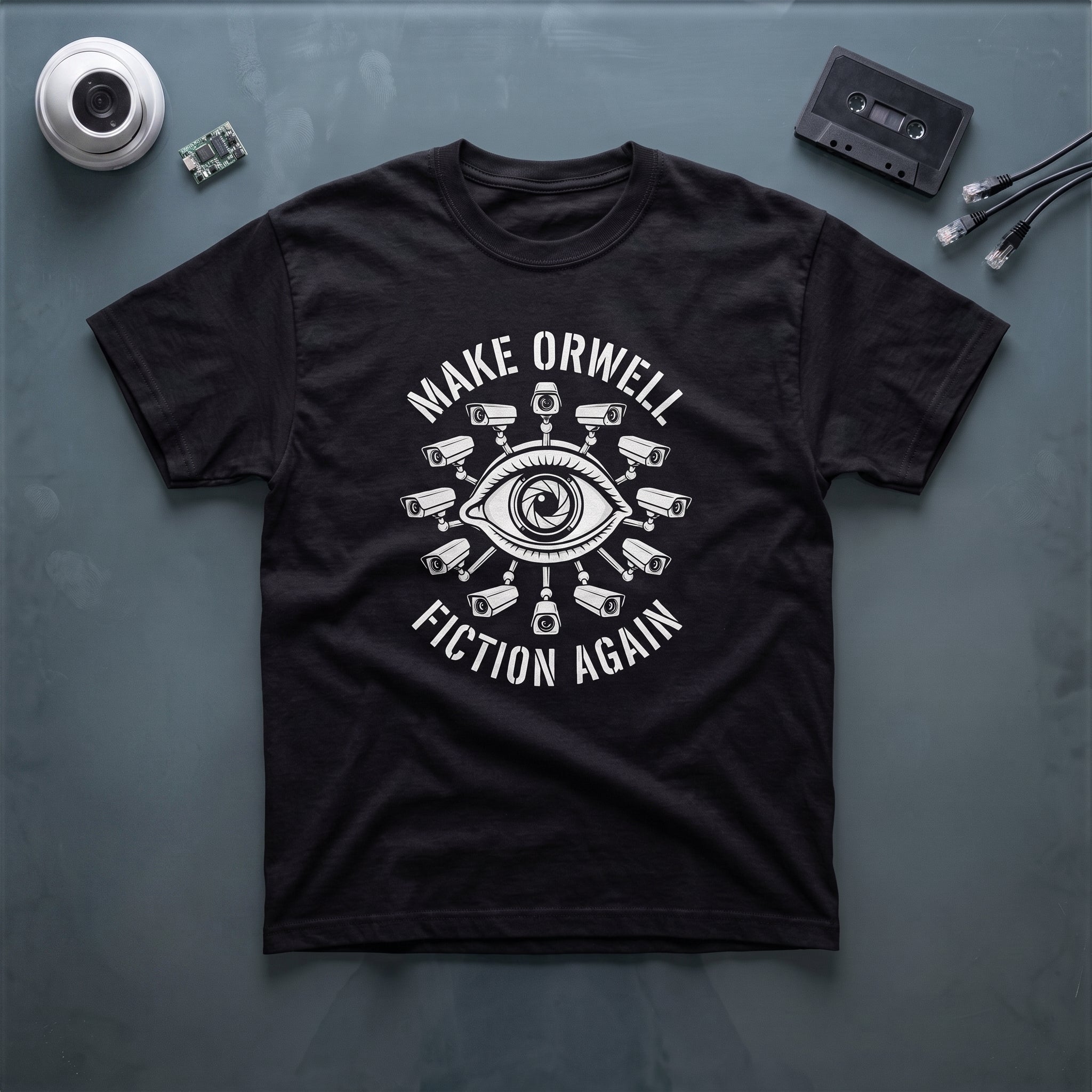 Make Orwell Fiction Again black graphic tee, styled flat lay