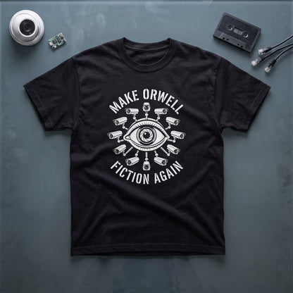 Make Orwell Fiction Again black graphic tee, styled flat lay