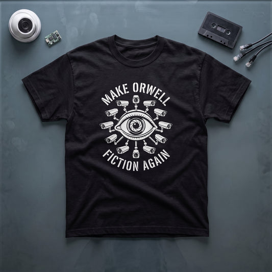 Make Orwell Fiction Again black graphic tee, styled flat lay
