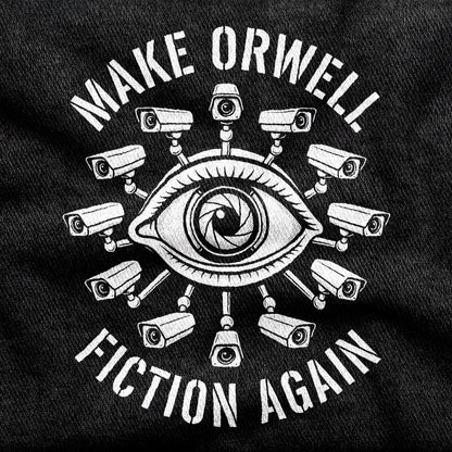 Make Orwell Fiction Again design printed on a black cotton tee, close-up