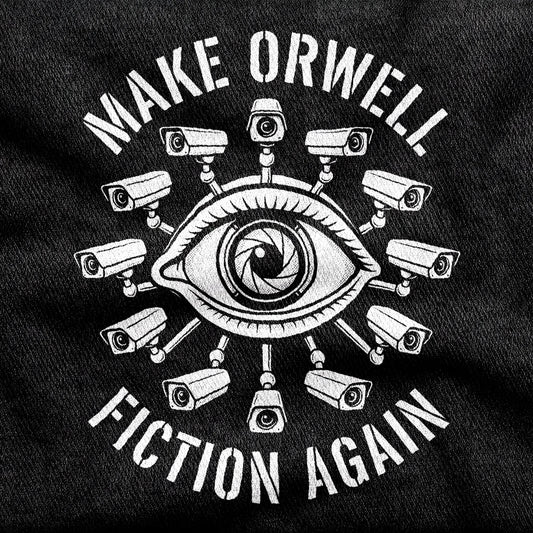 Make Orwell Fiction Again design printed on a black cotton tee, close-up