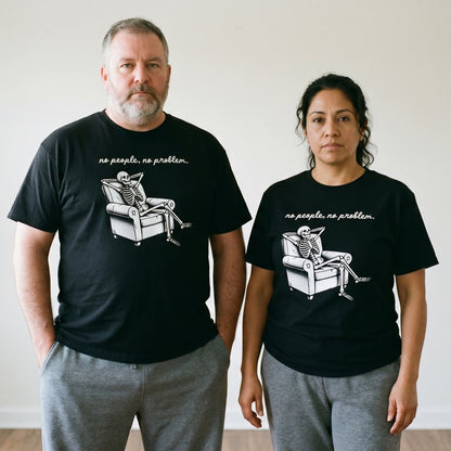 Two models wearing the No People, No Problem black graphic tee