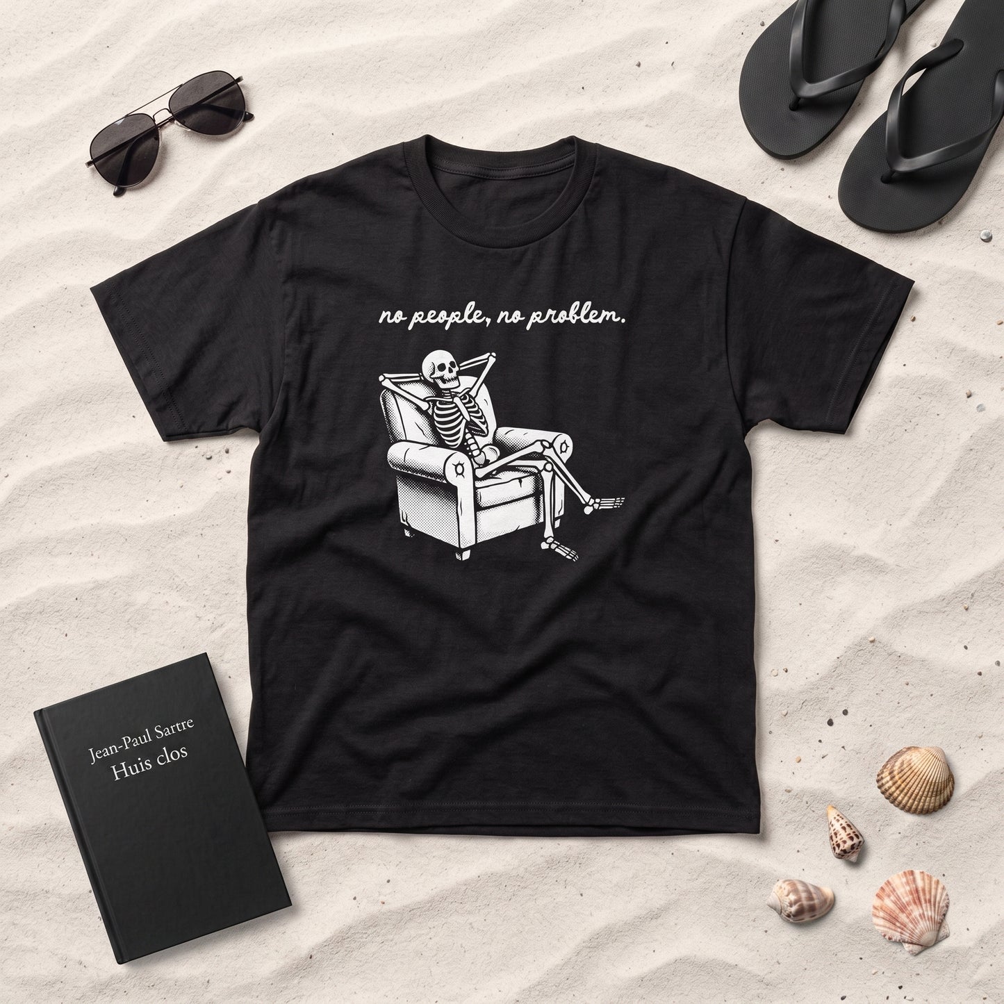No People, No Problem black graphic tee, styled flat lay