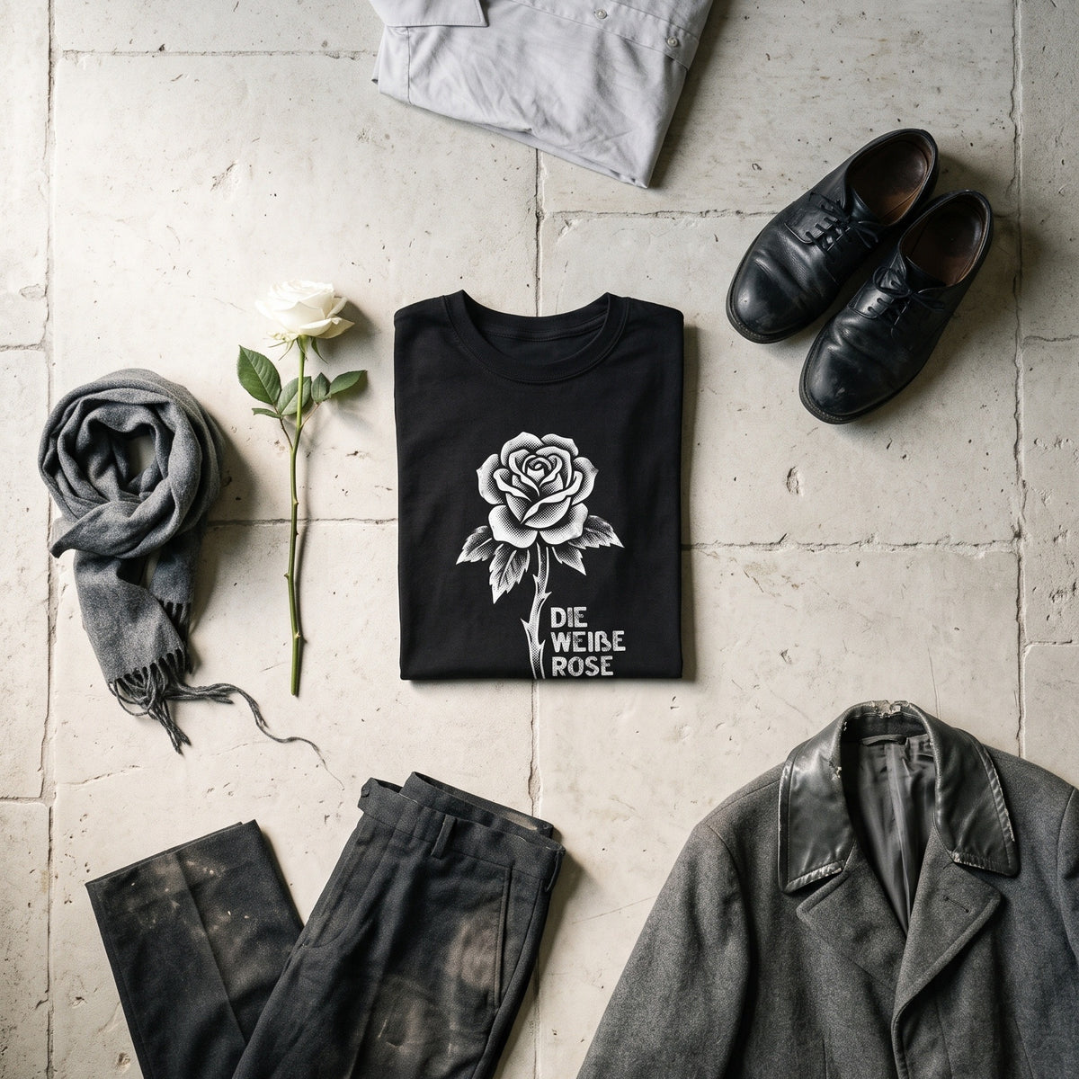 Die Weiße Rose black graphic tee styled in a flat lay with matching pieces