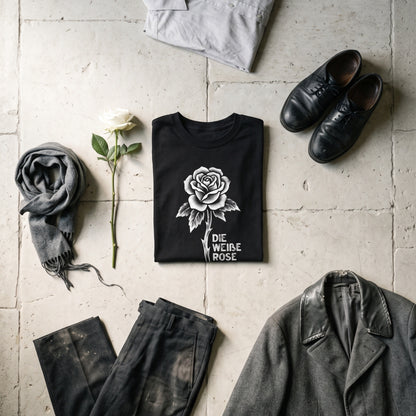 Die Weiße Rose black graphic tee styled in a flat lay with matching pieces