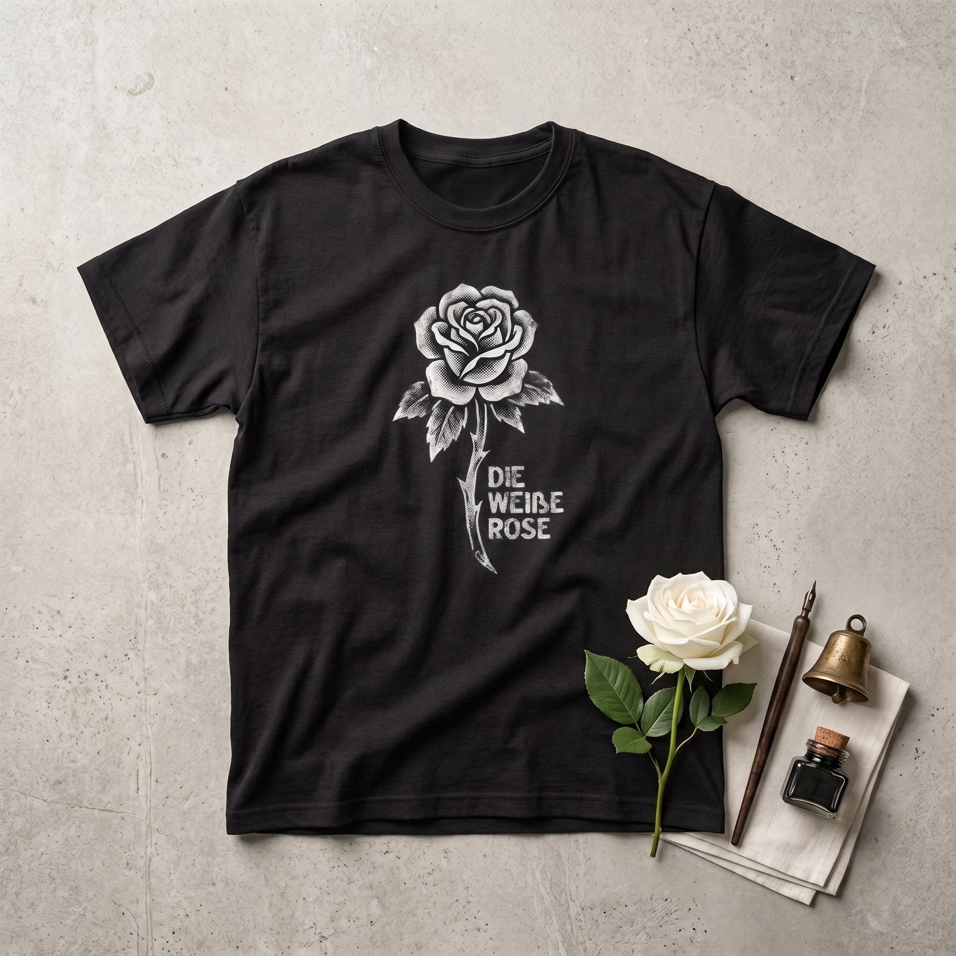 Die Weiße Rose black graphic tee, styled flat lay